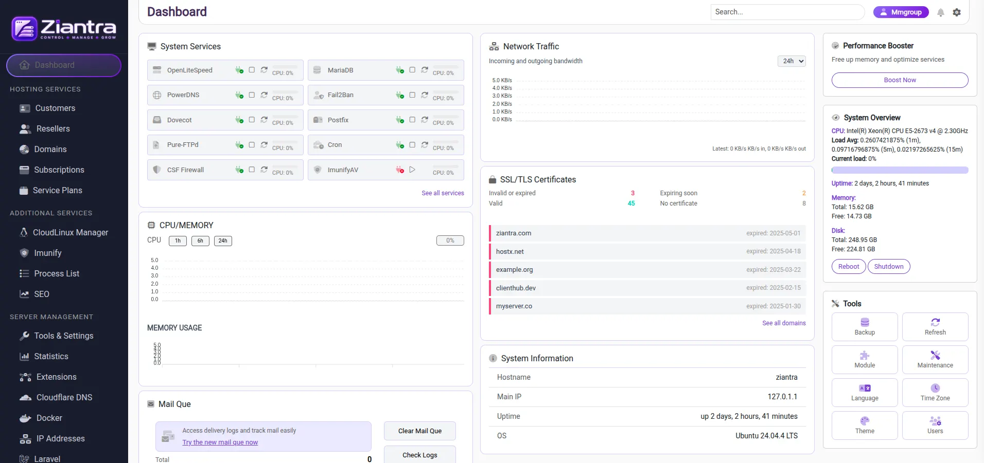 Ziantra unified hosting dashboard overview