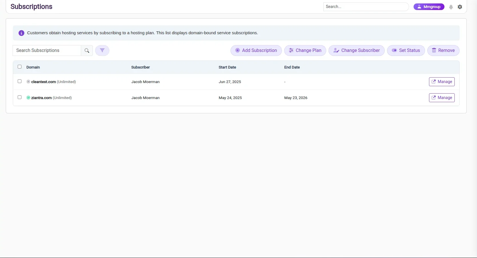 Ziantra subscriptions list showing domain, subscriber and term