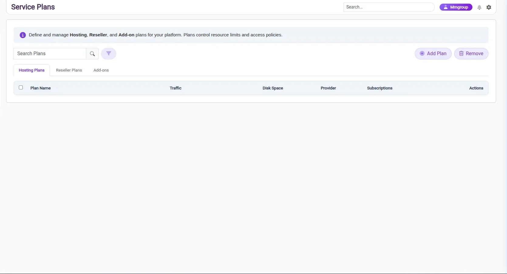 Ziantra service plans screen with hosting, reseller and add-on tabs