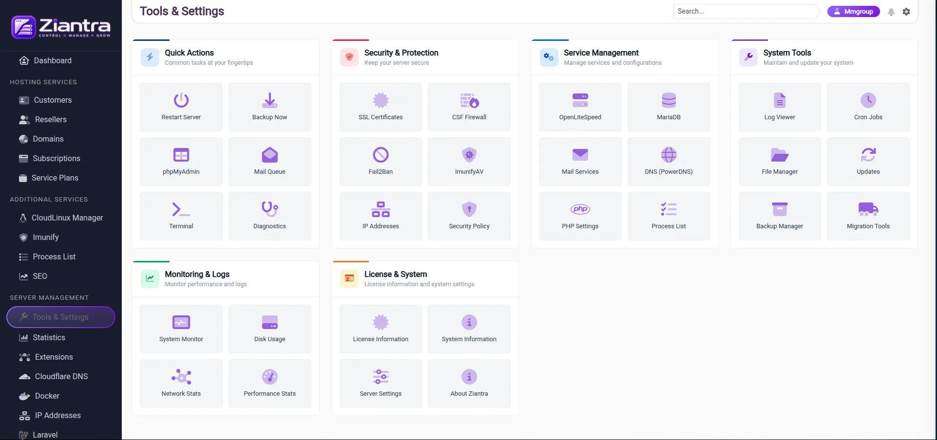 Ziantra server controls and configuration workspace