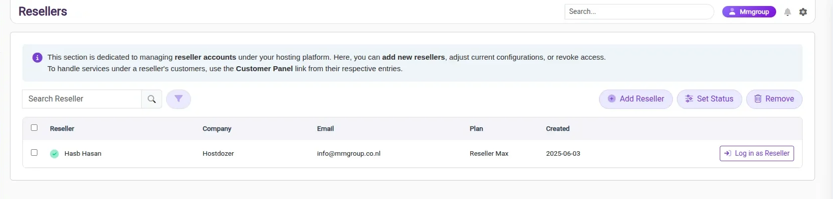 Ziantra reseller accounts list showing company, email, plan and created date